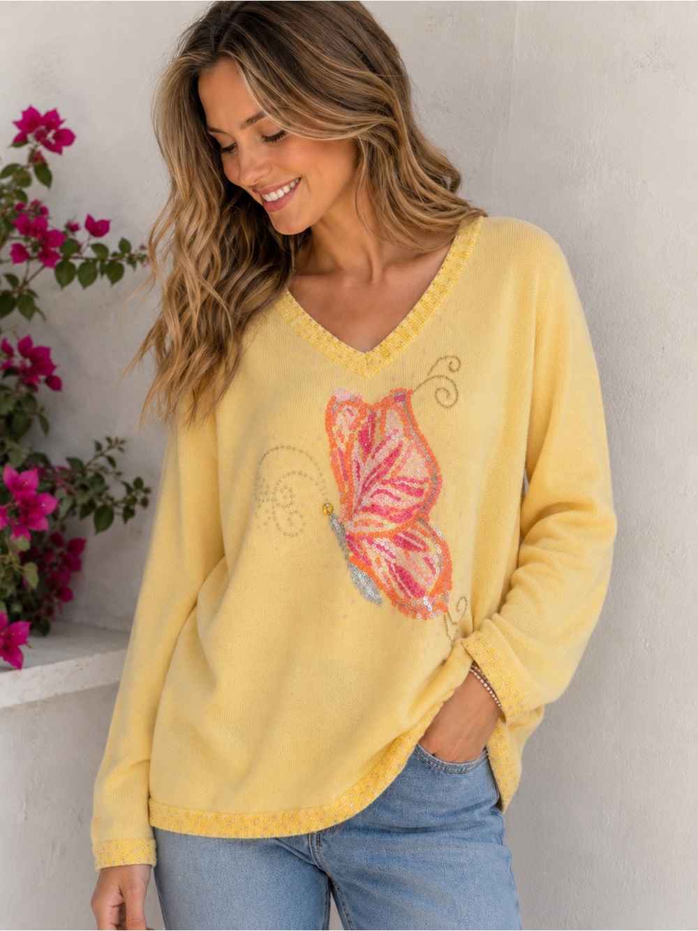 The Quacker Factory Yellow Sequin Butterfly Sweater Size Medium